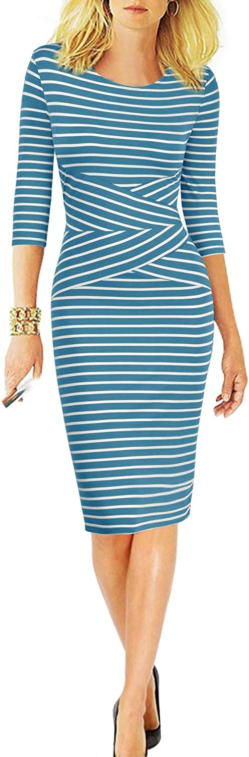 Women 3/4 Sleeve Striped Wear to Work Business Cocktail Pencil Dress