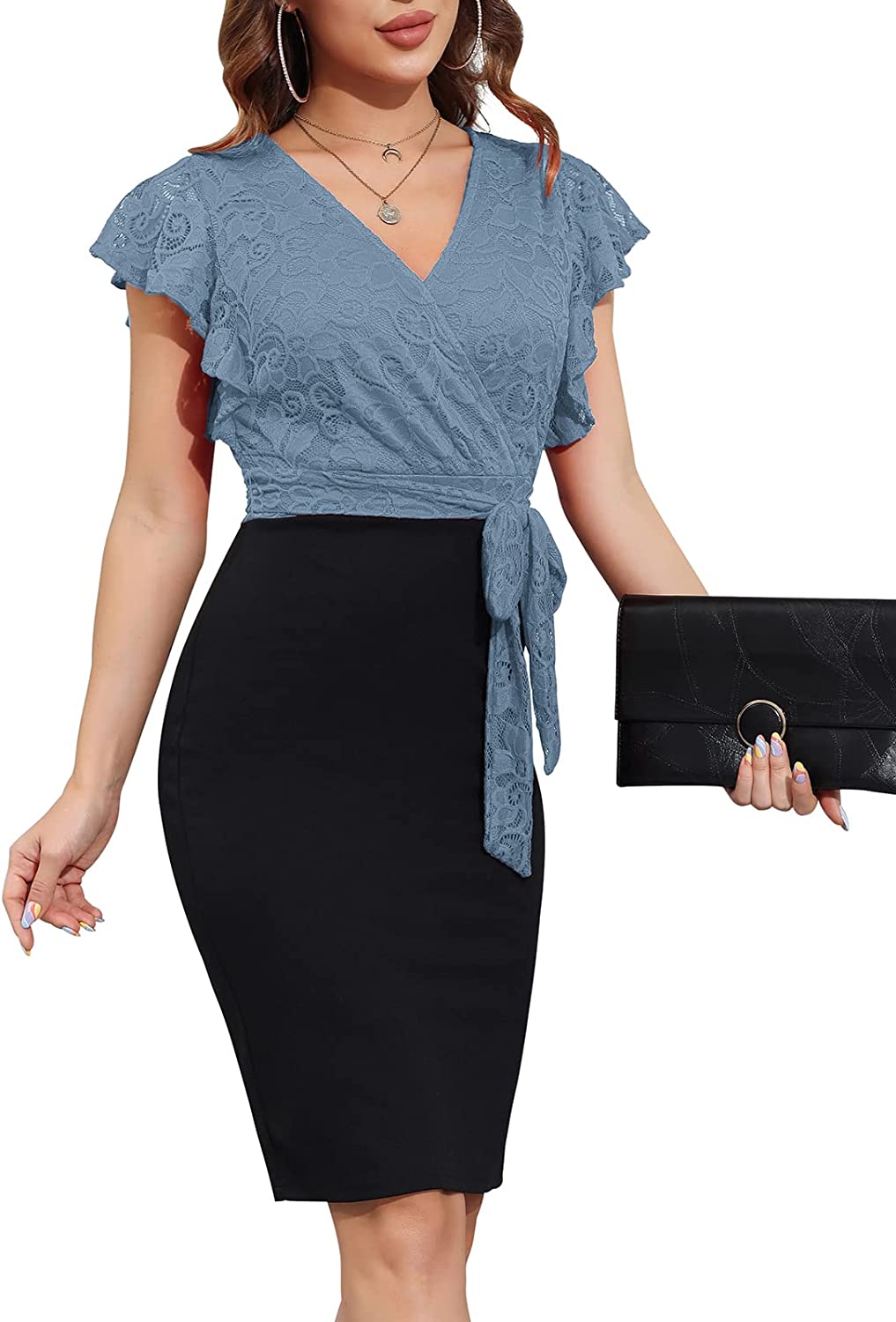 Wedding Guest Dresses for Women Wrap Short Sleeve Elegant Lace Cocktail Dress V Neck