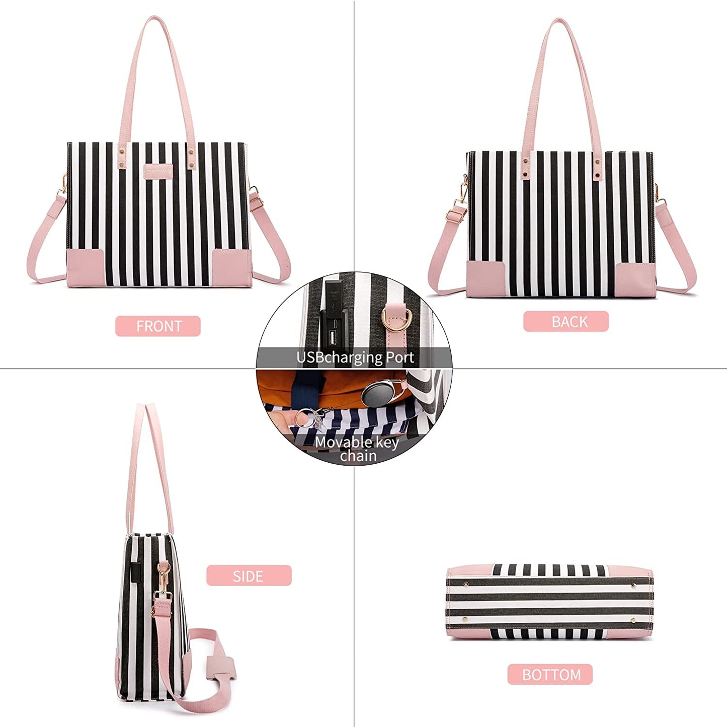 15.6'' Laptop Bag for Women - Set of 2 Shock Absorbent Computer Briefcase Genuine Leather Canvas Messenger Bag with USB