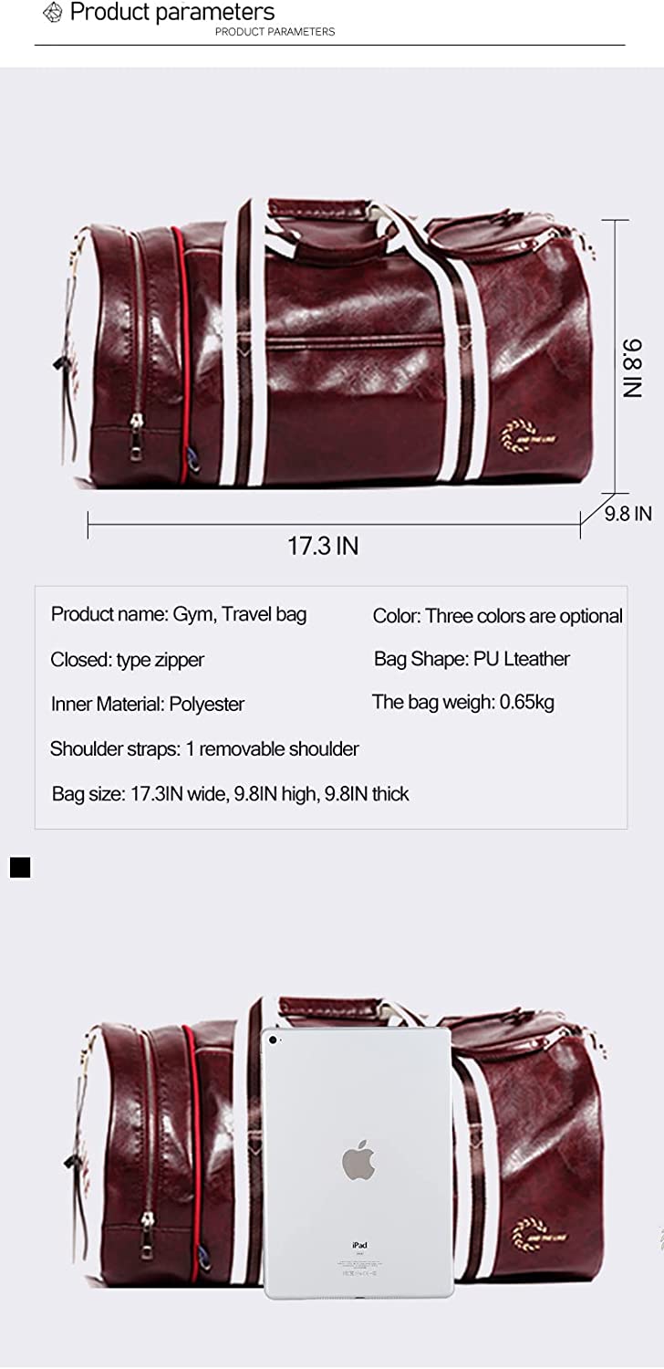 Leather Gym Sports Bag Retro Style Travel Duffel Bag, Cool Cylinder Waterproof Weekender Overnight Fitness Bag with Shoe Compartment & Wet Pocket for Men Women ( Claret Red )