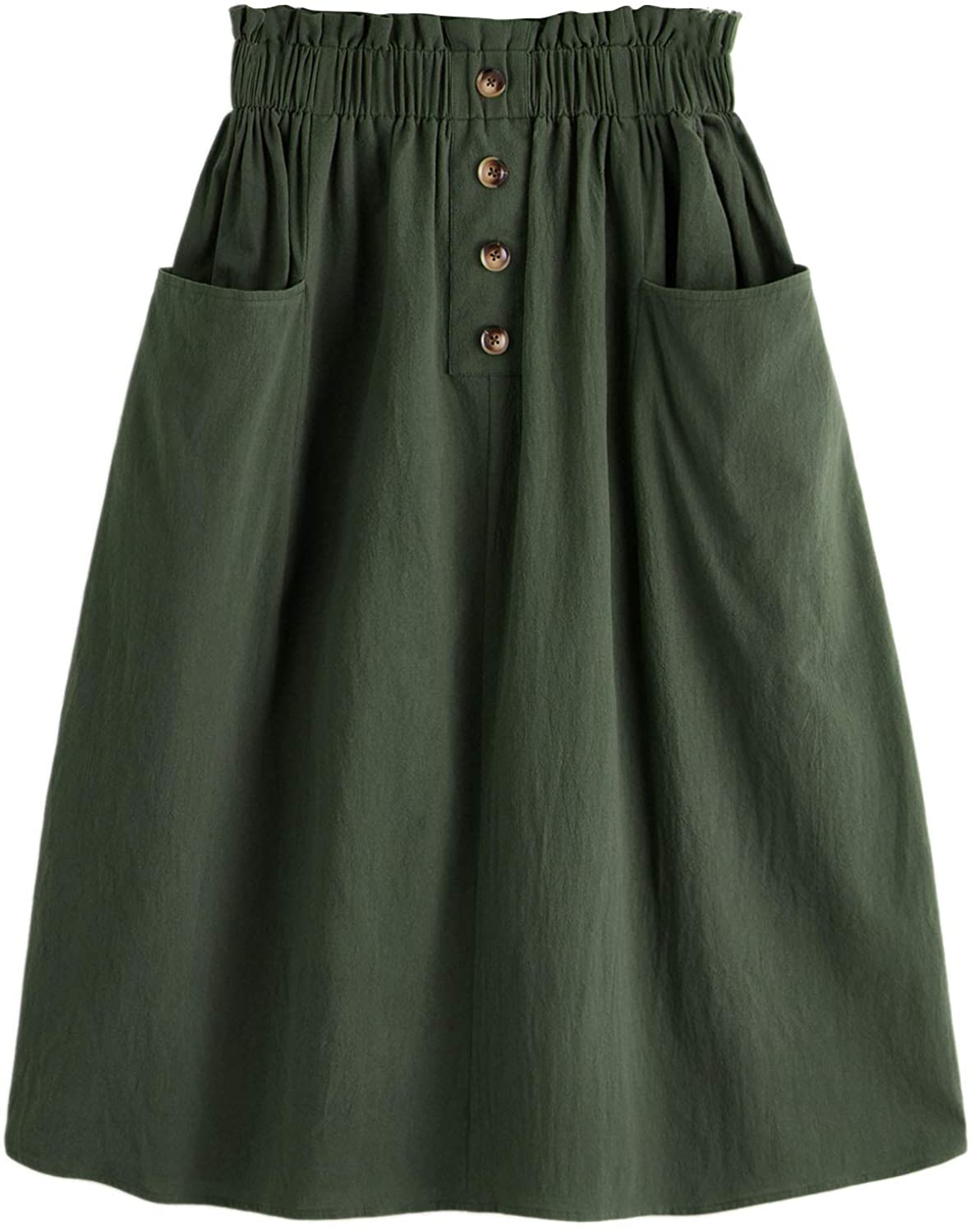 Women's Casual Paper Bag Waist A Line Pleated Midi Skirt with Pockets