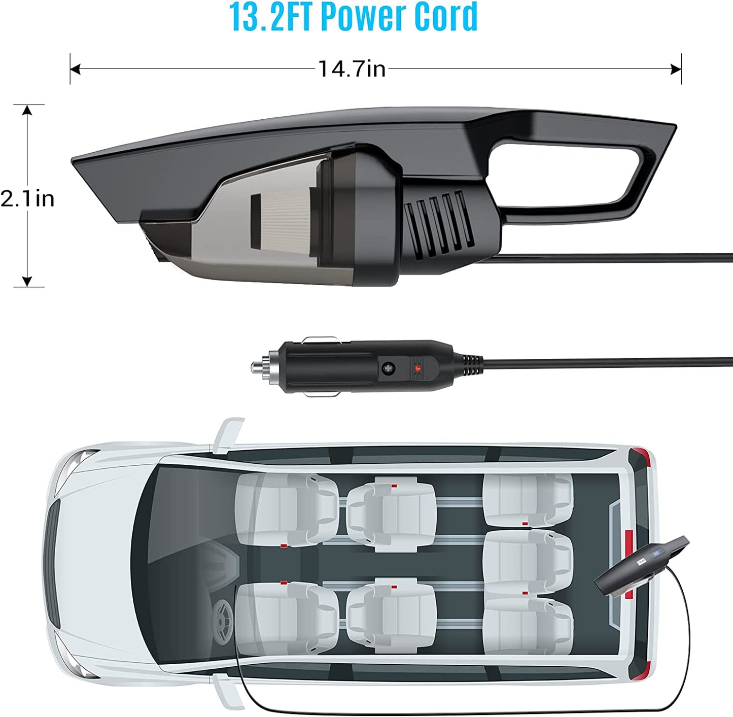 Car Vacuum 13.2FT Corded, Portable Car Vacuum Cleaner Strong Suction DC 12V/9500Pa Handheld Vacuums w/4 Attachments for Car Interior Detailing Auto Accessories Cleaning Tool Kit w/Storage Bag