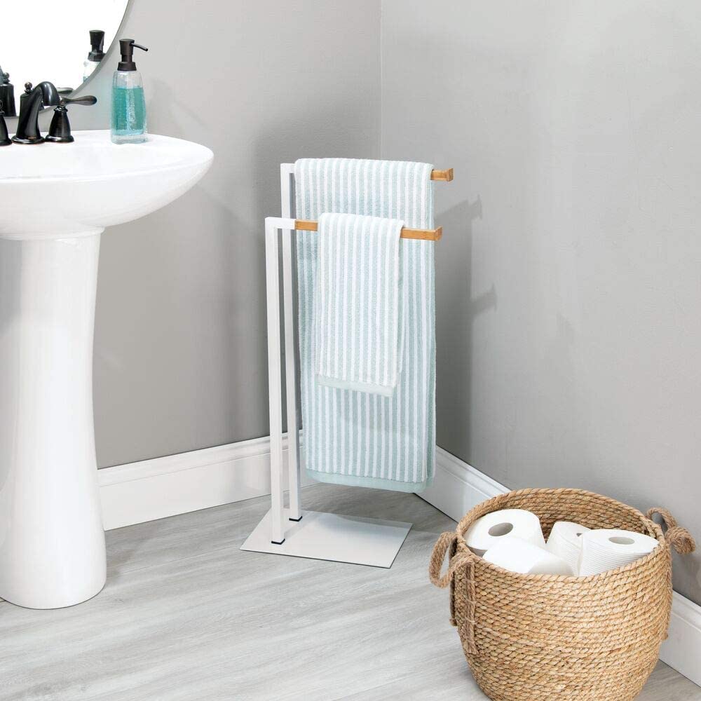 mDesign Tall Modern Metal and Bamboo Wood Towel Rack Holder - 2 Tier Organizer for Bathroom Storage and Organization Next to Tub or Shower, Holds Bath & Hand Towels, Washcloths - White/Natural