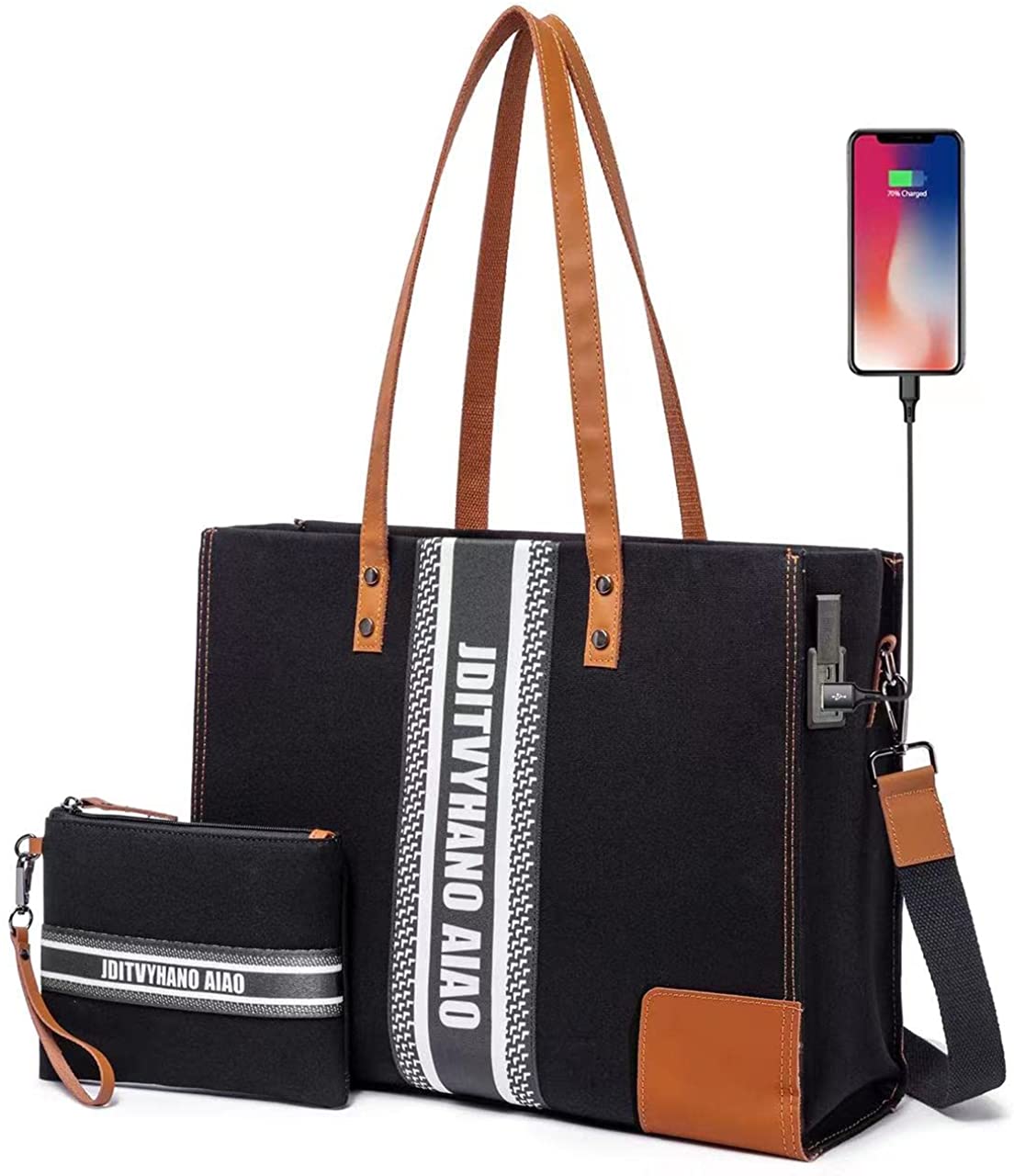 15.6'' Laptop Bag for Women - Set of 2 Shock Absorbent Computer Briefcase Genuine Leather Canvas Messenger Bag with USB