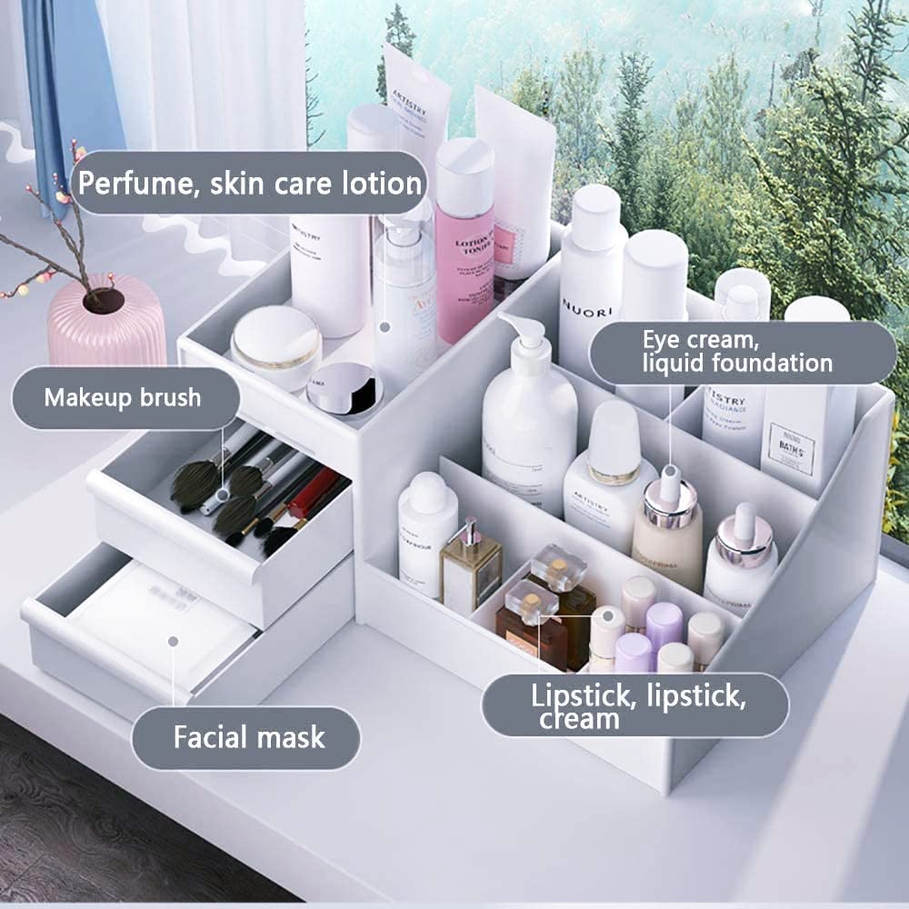Makeup Desk Organizer with Drawers, Countertop Organizer for Cosmetics, Vanity Holder for Lipstick, Brushes, Lotions, Eyeshadow, Nail Polish and Jewelry (White)
