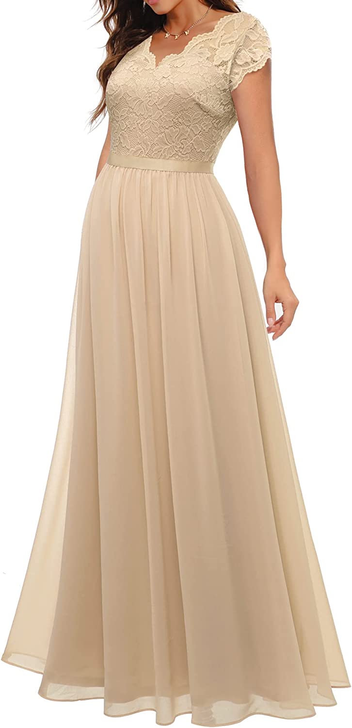 Women's Formal Floral Lace Maxi Dress Evening Party Elegant V-Neck Dresses for Wedding Guest