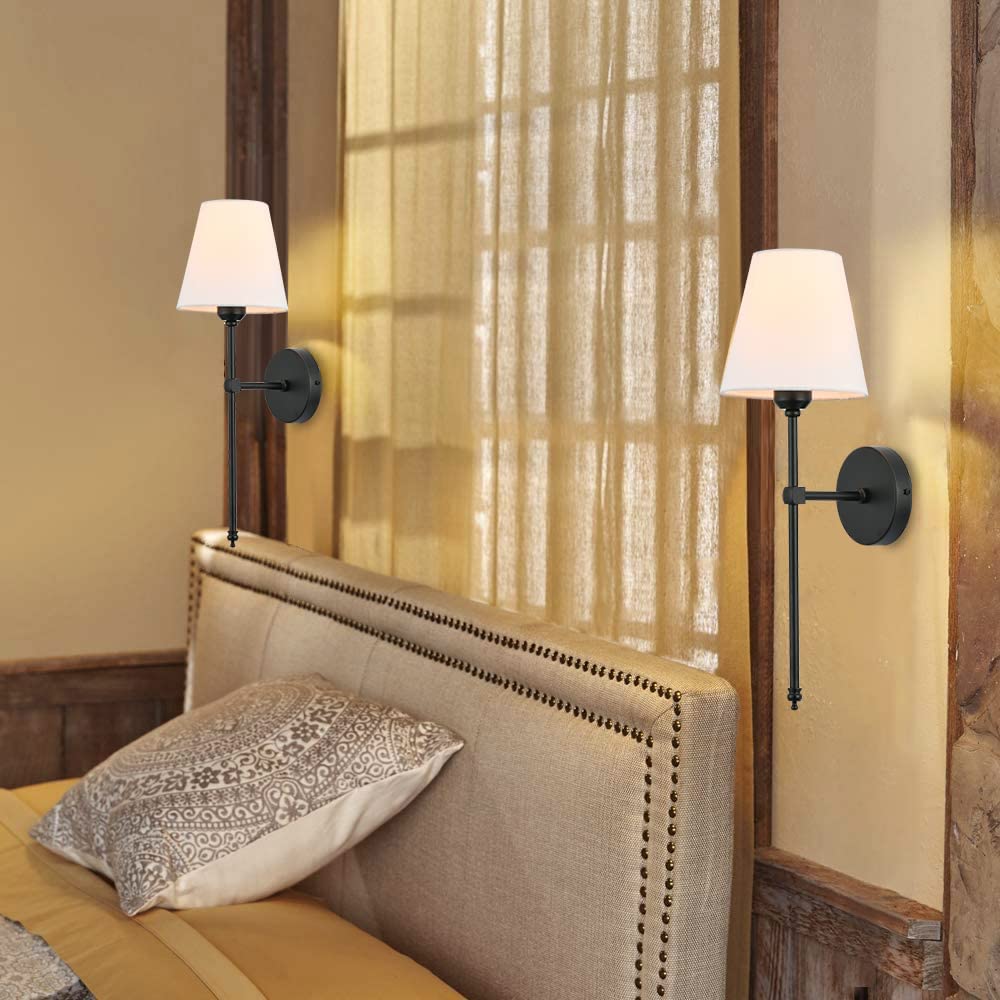 Bsmathom Wall Sconces Sets of 2, Rustic Industrial Wall Lamps, Column Stand Sconces Wall Lighting, Bathroom Vanity Light Fixture with Fabric Shade for Bedroom Living Room Kitchen, Black