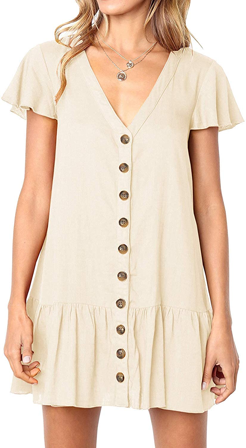 Womens Polka Dot V Neck Button Down Ruffles Loose Mini Short T-Shirt Dress