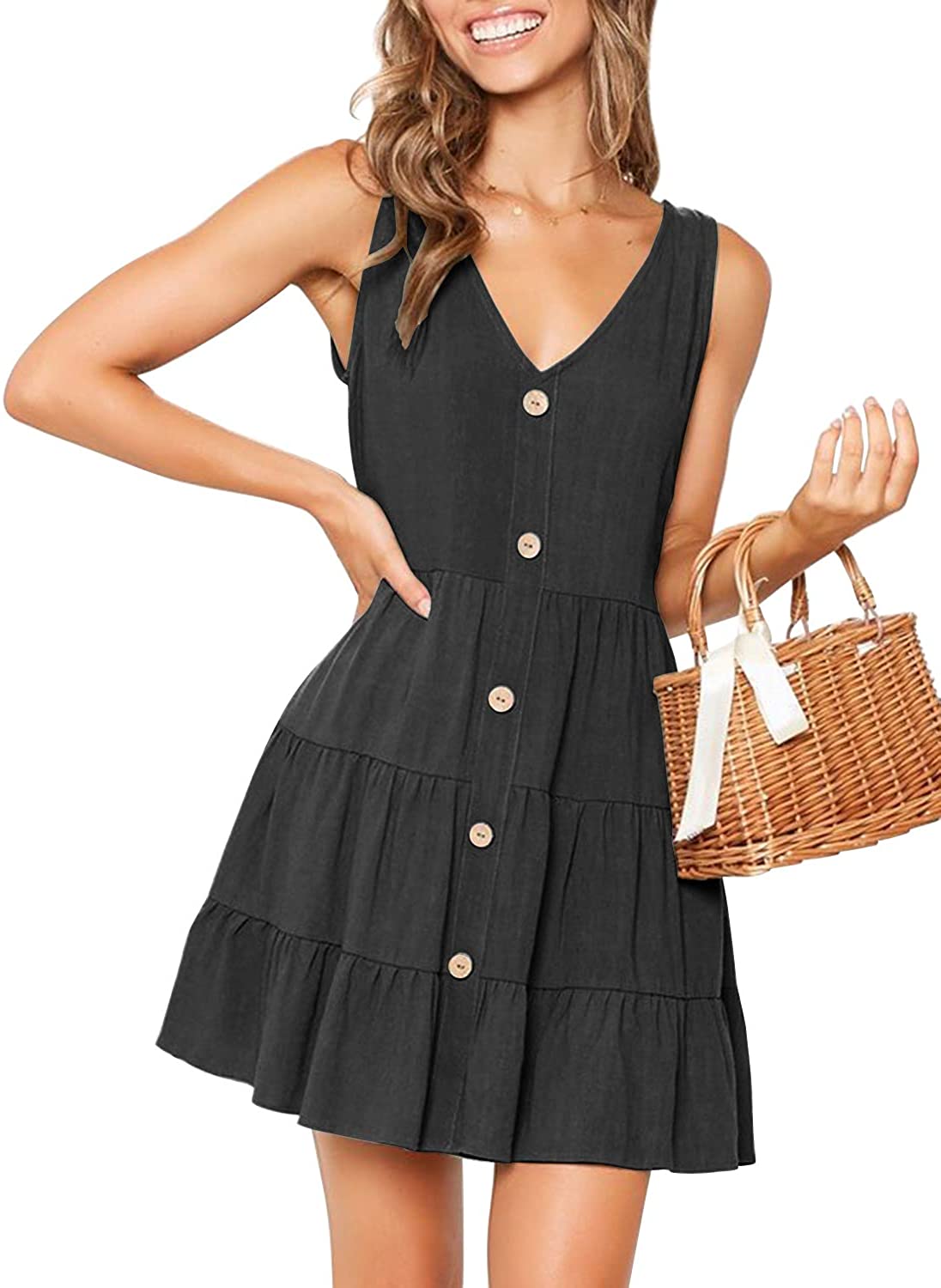 Women's Summer Sleeveless V Neck Button Down Casual Pocket Swing Short Dress