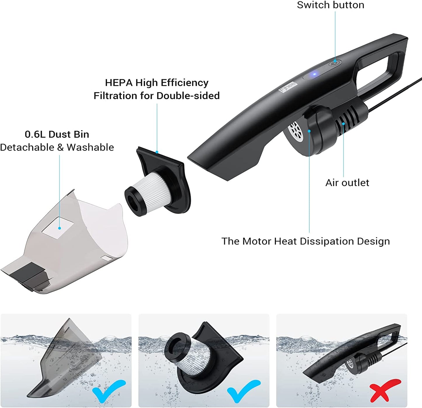 Car Vacuum 13.2FT Corded, Portable Car Vacuum Cleaner Strong Suction DC 12V/9500Pa Handheld Vacuums w/4 Attachments for Car Interior Detailing Auto Accessories Cleaning Tool Kit w/Storage Bag
