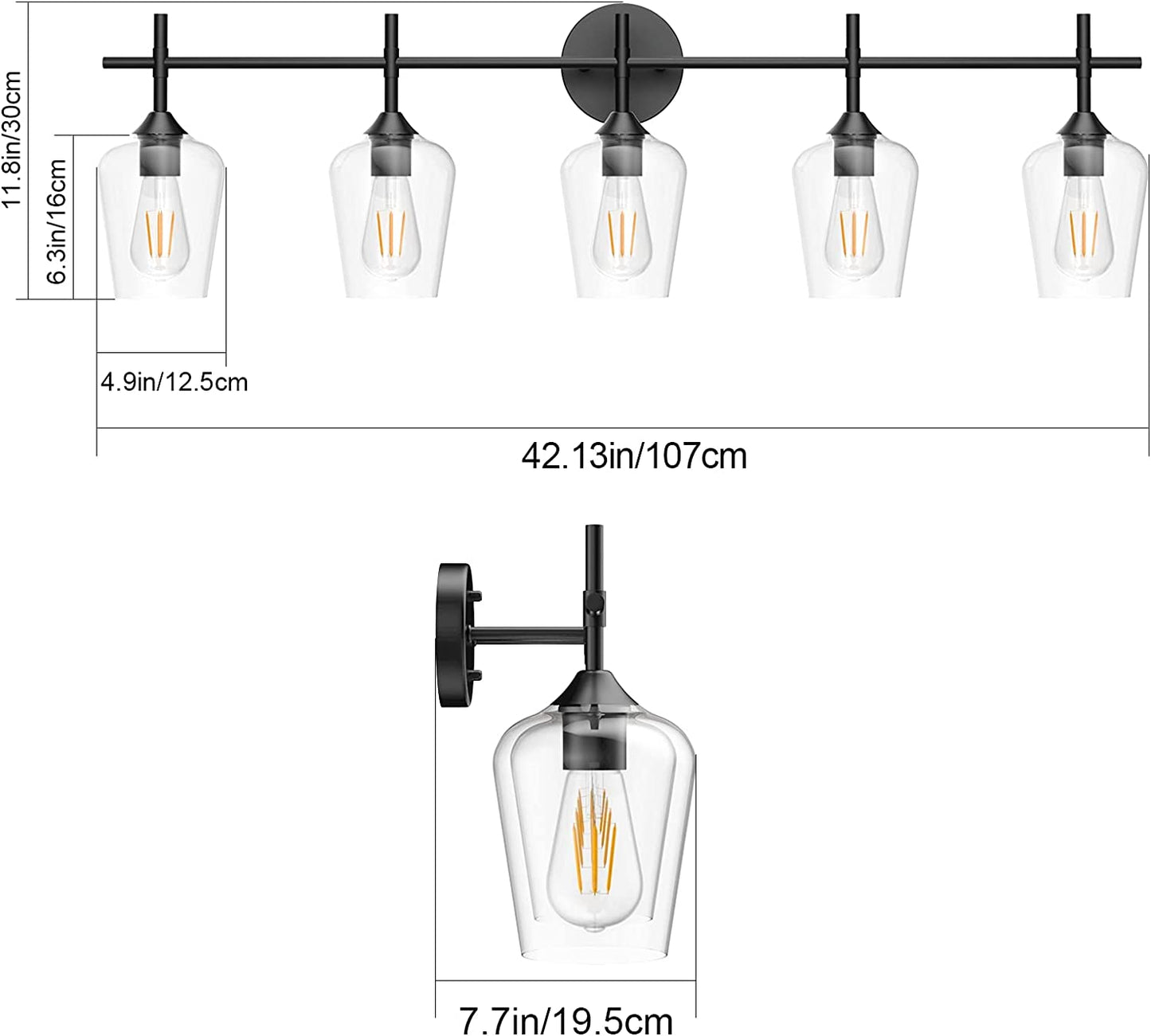 Ralbay Vintage Black Bathroom Vanity Light 5-Lights Industrial Matte Black Finish with Clear Glass Vanity Lights Farmhouse Bathroom Lighting fixtures