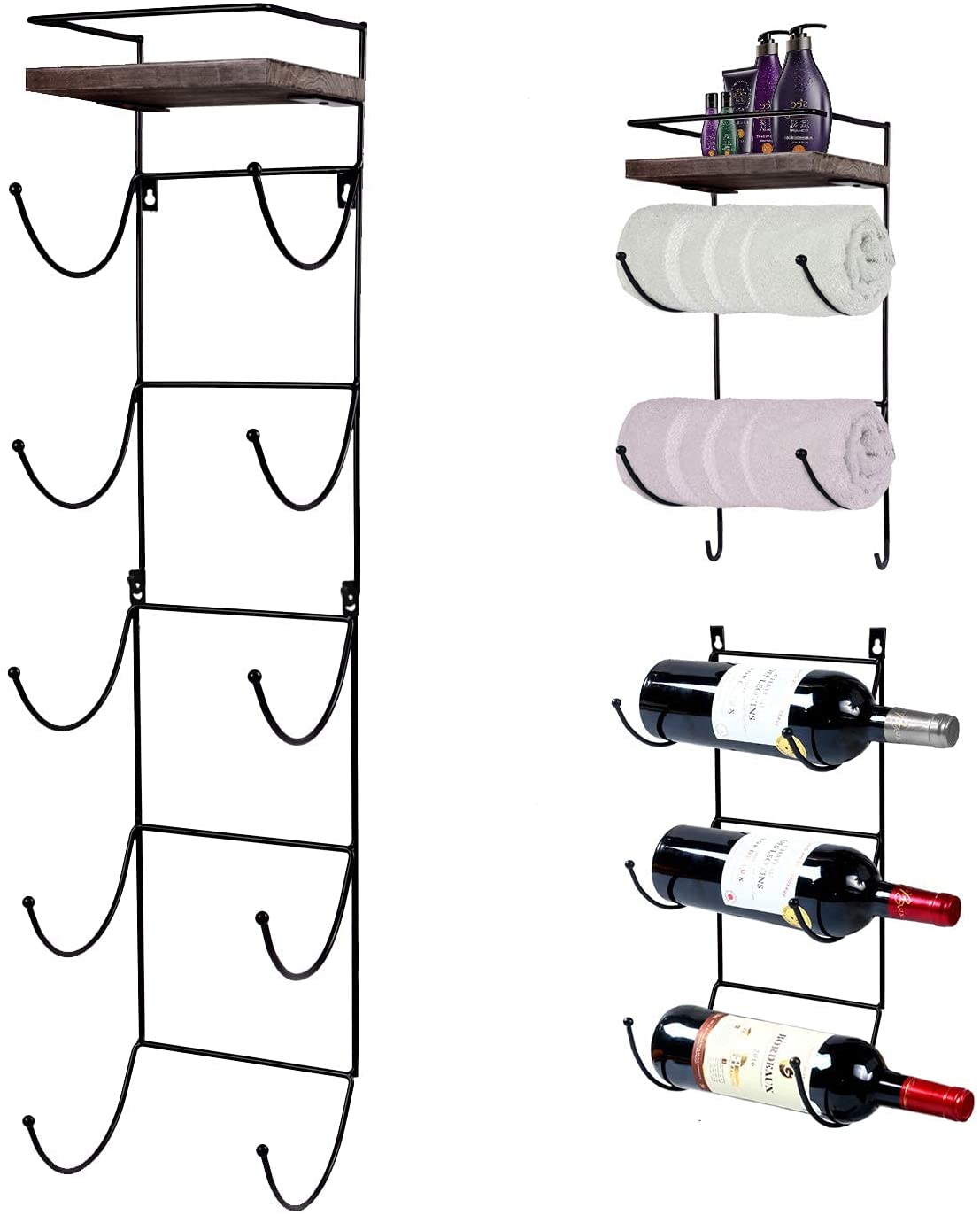 Towel Rack Wall Mounted with Top Shelf,Towel/Wine Rack Holder Organizer with 5 Compartments and Top Wooden Shelf for Bathroom Storage Bath Towels, 30.7" L x 7" W
