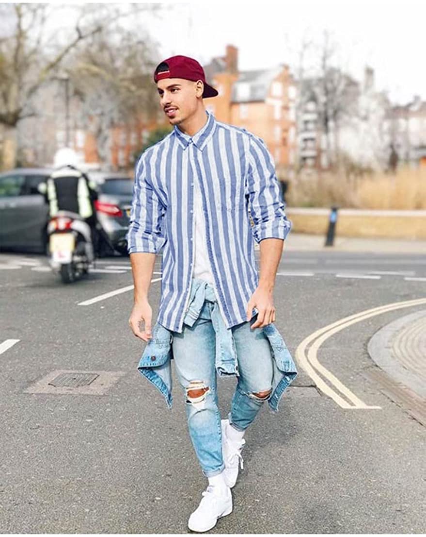 Men's Casual Long Sleeve Button-Down Shirts Striped Dress Shirts Cotton Shirt