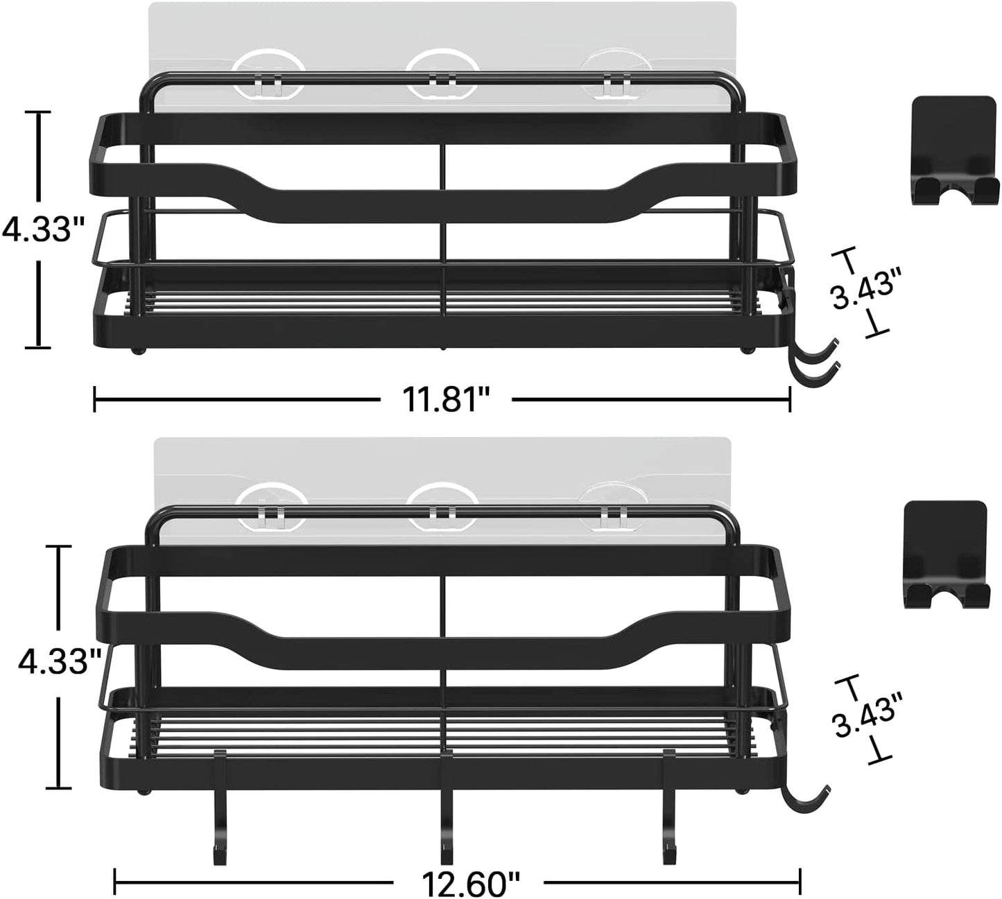 Carwiner Shower Caddy Bathroom Shelf 2-Pack, Basket with 8 Hooks for Hanging Shampoo Conditioner, SUS304 Stainless Steel Rack Wall Mounted Storage Organizer for Kitchen, No Drilling (Black)