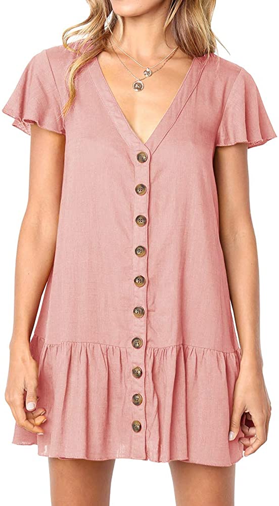 Womens Polka Dot V Neck Button Down Ruffles Loose Mini Short T-Shirt Dress