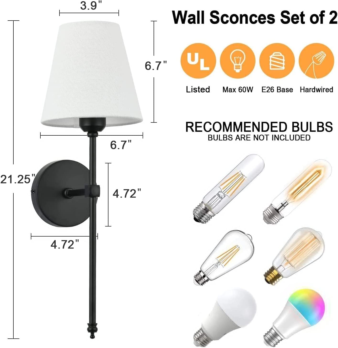Bsmathom Wall Sconces Sets of 2, Rustic Industrial Wall Lamps, Column Stand Sconces Wall Lighting, Bathroom Vanity Light Fixture with Fabric Shade for Bedroom Living Room Kitchen, Black