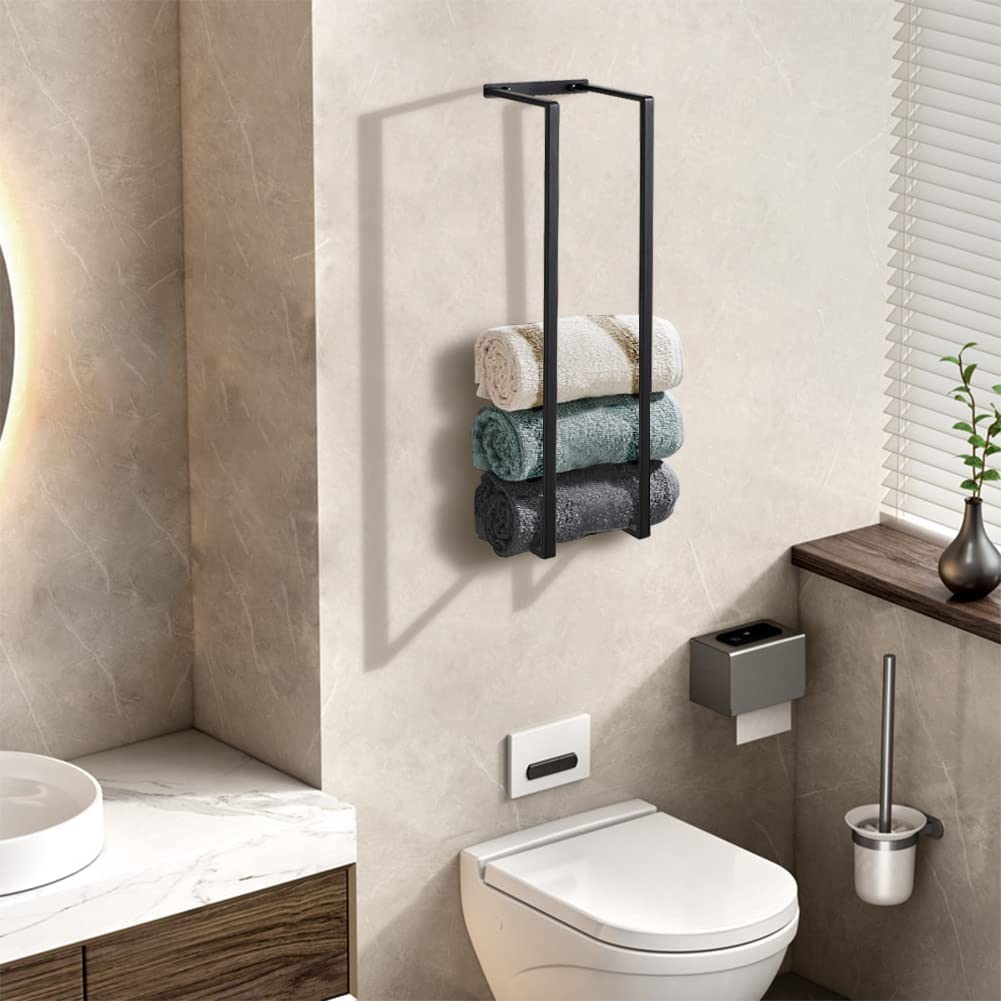 Towel Racks for Bathroom, Wall Mounted Bath Towel Holder, Drilling & Adhesive No Drilling Stainless Steel Bathroom Organization Towel Shelf Holder for Washcloths Hand or Bath Towels, Black