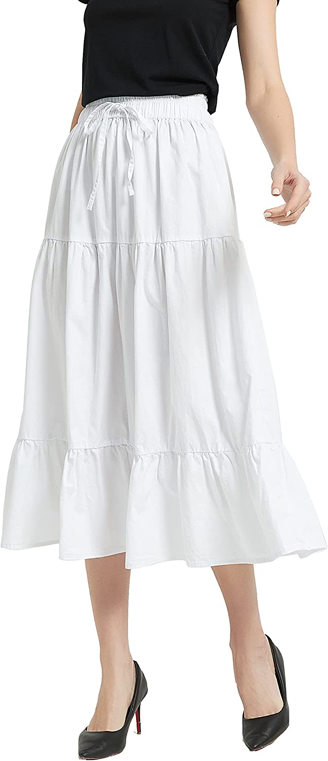 Womens A Line Long Midi Denim Skirt Tired Pleated Layers Elastic Waist Front Drawstring