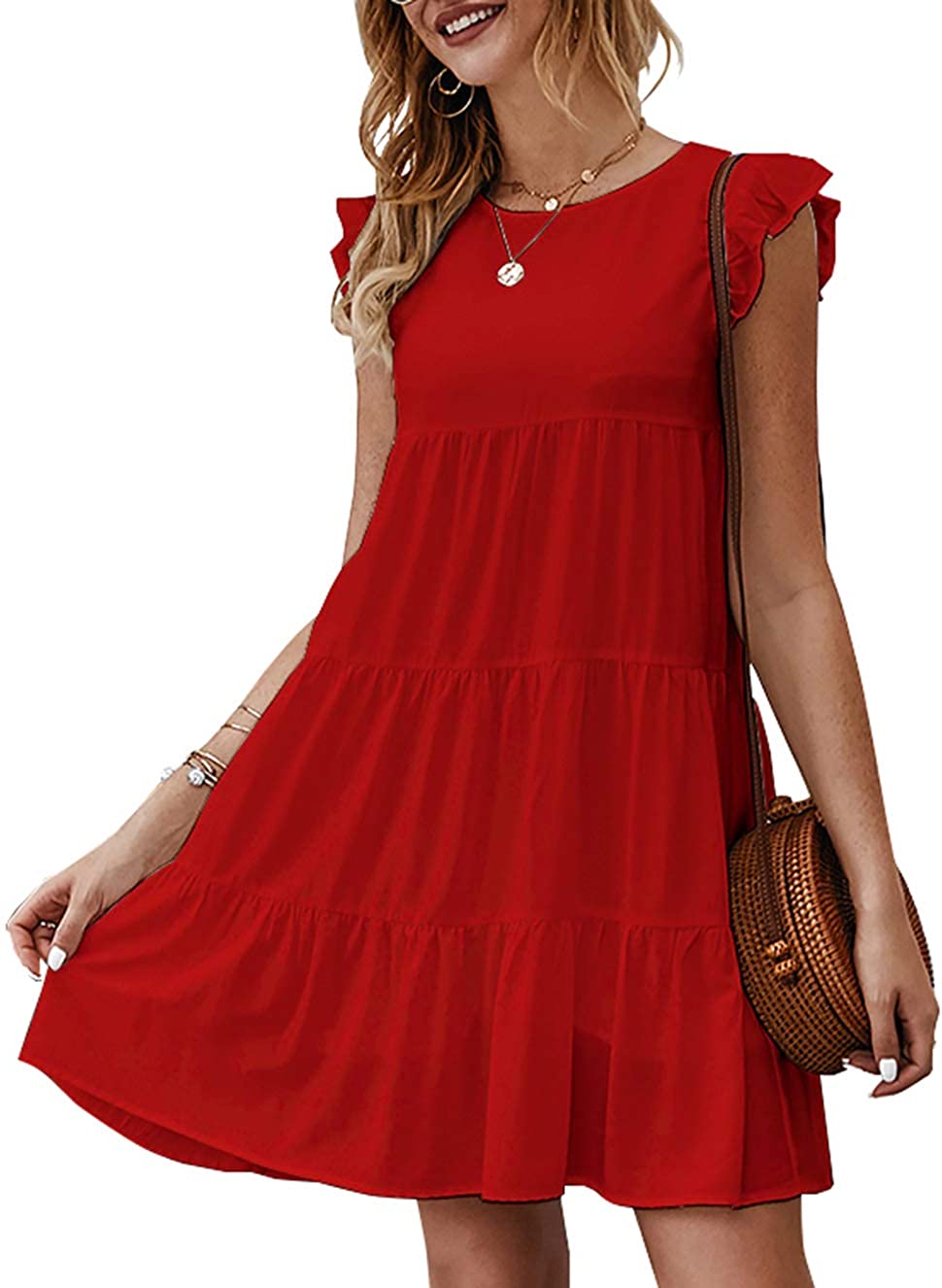 Women’s Summer Dress Sleeveless Ruffle Sleeve Round Neck Mini Dress Solid Color Loose Fit Short Flowy Pleated Dress