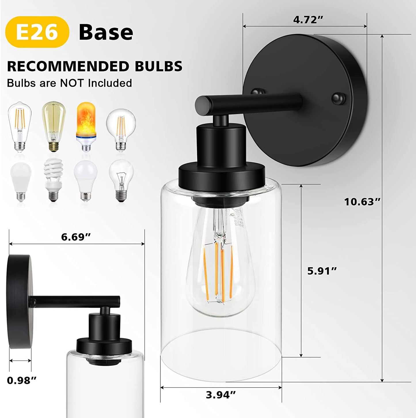 Modern Matte Black 1 Light Wall Sconce, Vanity Light Fixtures with Clear Glass Shade, Wall Lights for Living Room, Bedroom, Kitchen, Hallway, Mirror, 1 Count, E26 Base (Bulbs Not Included)