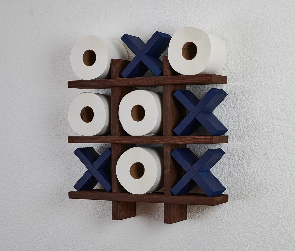 Bath Roll Holder - Tic Tac Toe - Blue Pine - Toilet Paper Display - Bath Room Decor - Bath Room Organization - Handmade 16 x 16 (Stained/Chestnut - X Black)