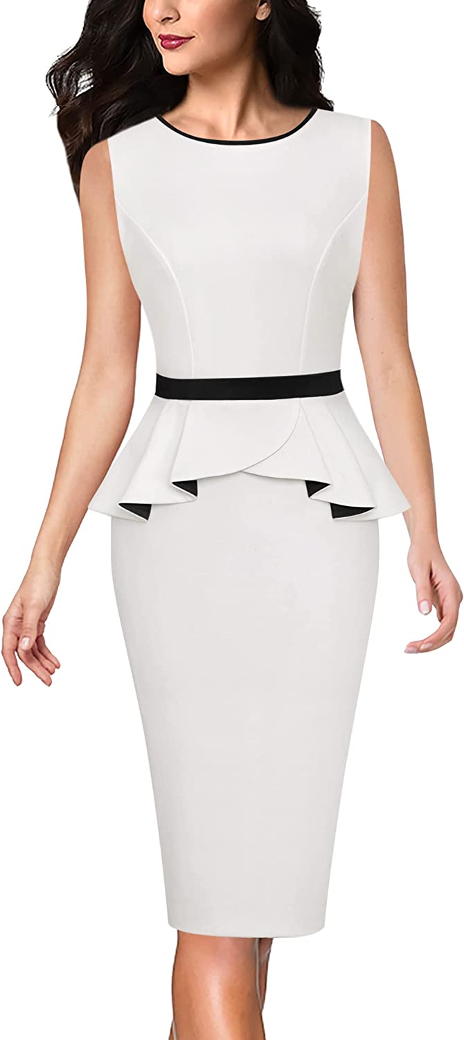 Womens Crew Neck Peplum Colorblock Work Business Office Bodycon Pencil Dress