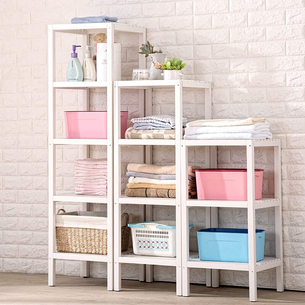 Solid Wood Storage Rack - 3-Tier All Lumber Floor Standing Shelving Unit with Adjustable Feet for Home, Bathroom Towels Shelves Organizer, Easy Assembly and Full Upgraded in 2022, White