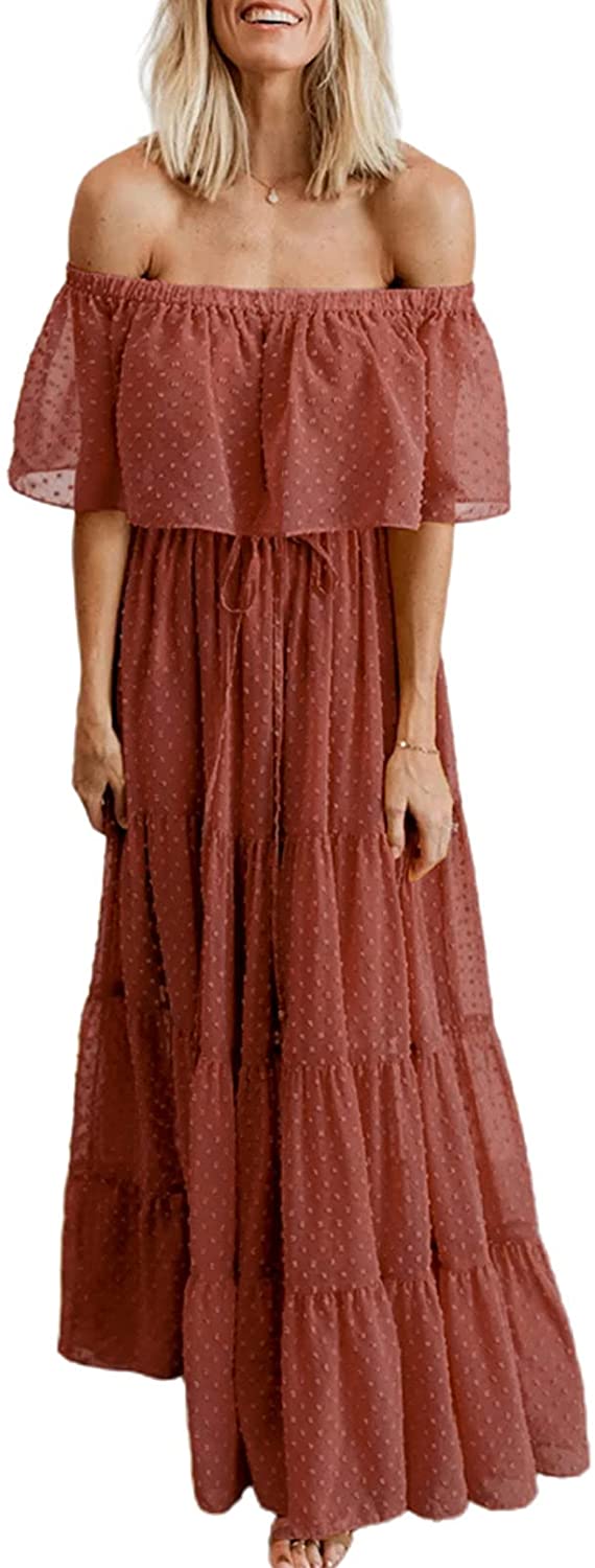 Womens Casual Floral Lace Swiss Dots Off The Shoulder Long Evening Dress Cocktail Party Maxi Wedding Dresses