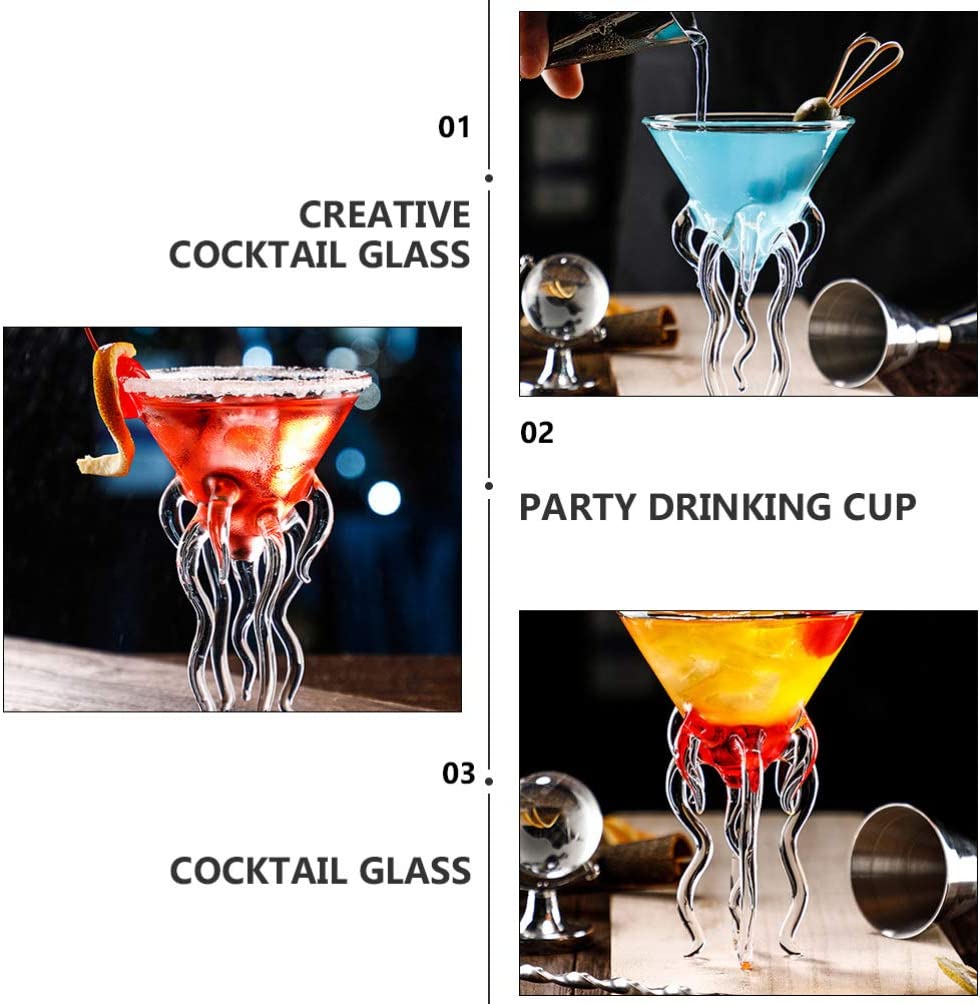 2pcs Octopus Cocktail Glass Martini Jellyfish Glass Wine Glasses Drinkware Bar Goblet Tools Tumbler Gift for Whiskey Home Party Banquet Wedding Transparent