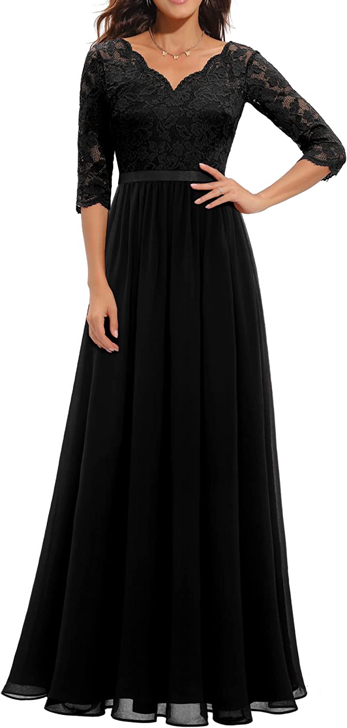 Women's Formal Floral Lace Maxi Dress Evening Party Elegant V-Neck Dresses for Wedding Guest