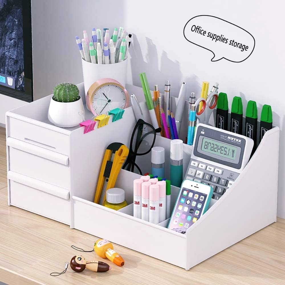 Makeup Desk Organizer with Drawers, Countertop Organizer for Cosmetics, Vanity Holder for Lipstick, Brushes, Lotions, Eyeshadow, Nail Polish and Jewelry (White)
