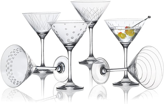 Crystal Martini Glasses Set of 6, SOGLIT Hand Crafted Etched Martini Glasses with Stem, Manhatann Glasses for Cocktail, Cosmopolitan Glasses, 9oz Etched Cocktail Glasses Gift for Men, Crystal Clear