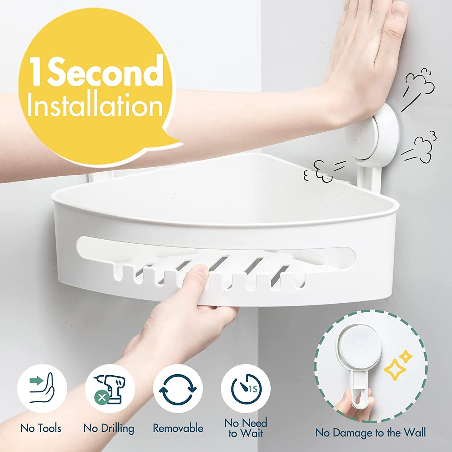 Suction Corner Shower Caddy Corner Shower Shelf Shower Basket Wall Mounted Shower Holder Organizer for Shampoo, Plastic White Shower Suction Caddy for Kitchen & Bathroom, Drill-Free Removable