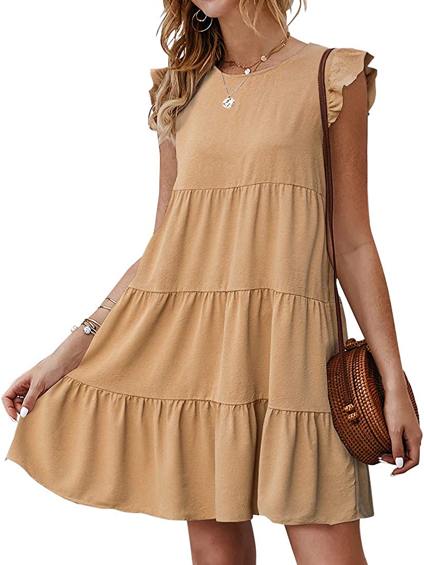 Women’s Summer Dress Sleeveless Ruffle Sleeve Round Neck Mini Dress Solid Color Loose Fit Short Flowy Pleated Dress