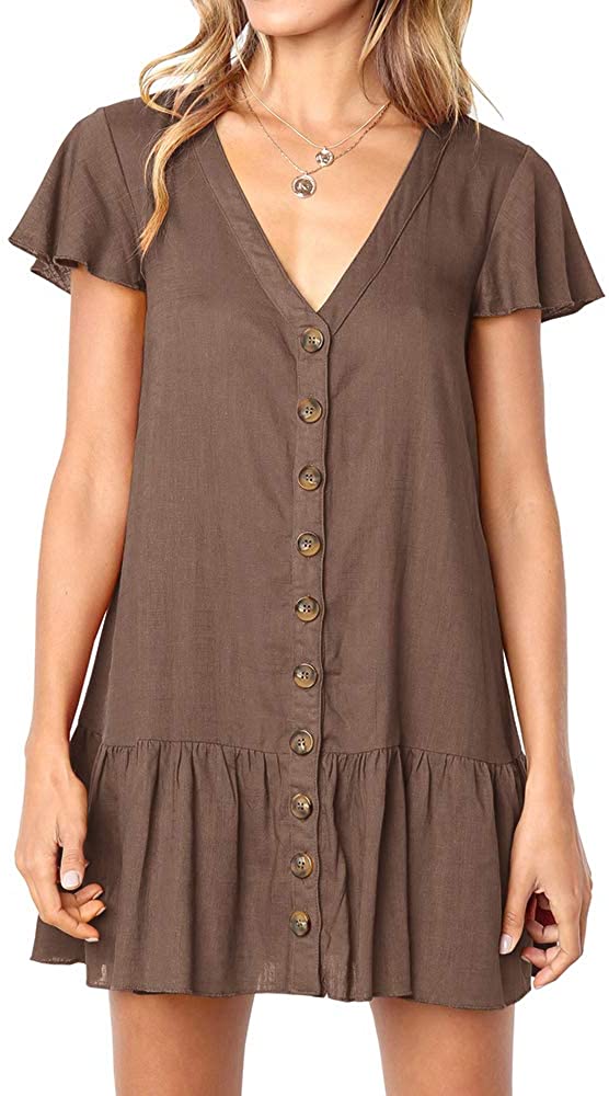 Womens Polka Dot V Neck Button Down Ruffles Loose Mini Short T-Shirt Dress