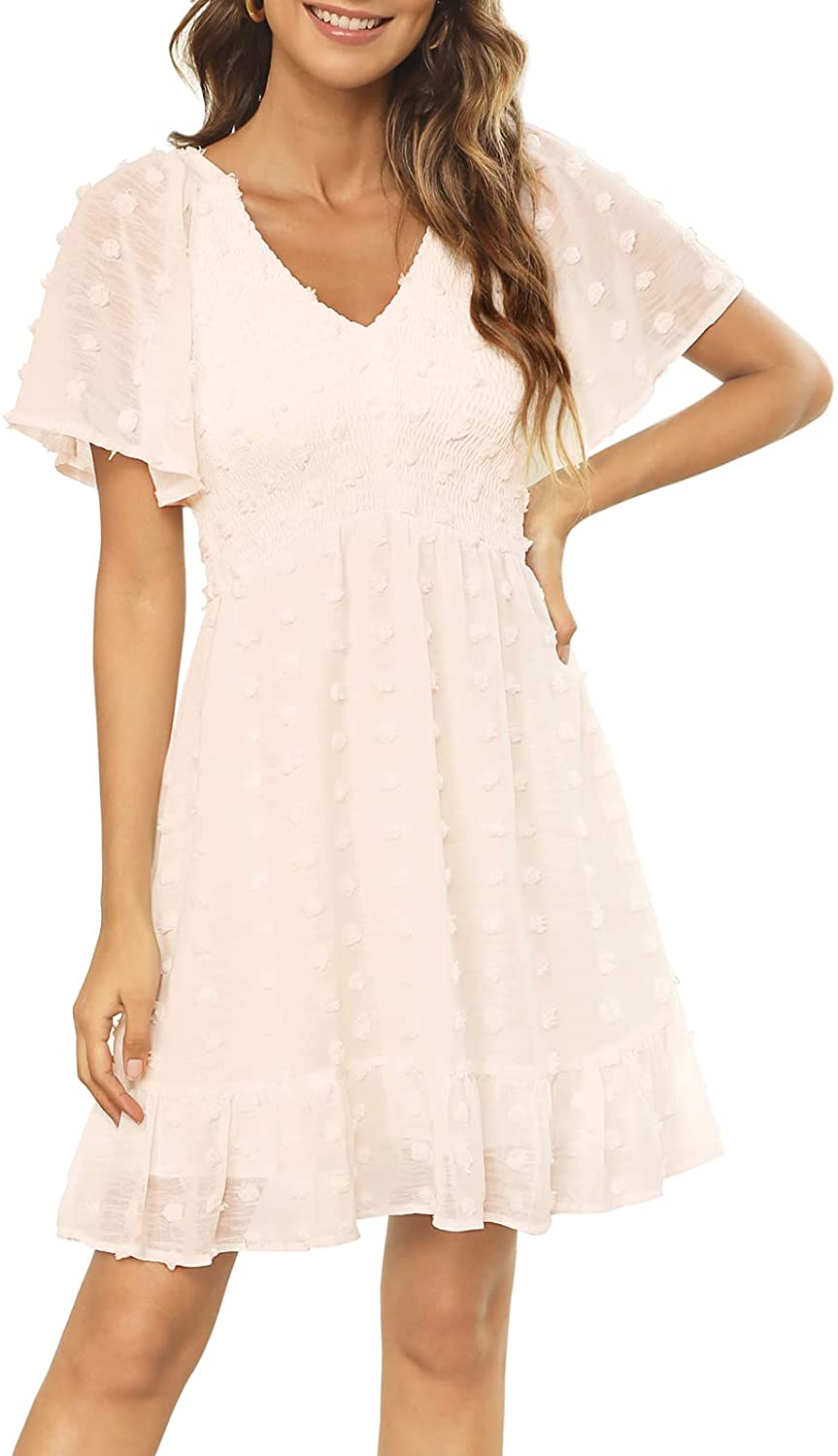 Womens Smocked Flutter Sleeve V Neck Ruffle Mini Swiss Dot Babydoll Dress