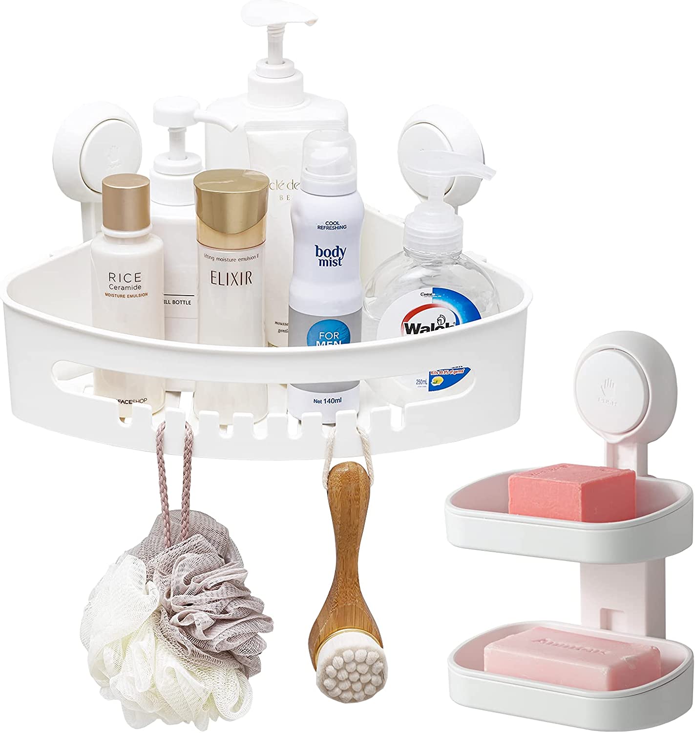 Suction Corner Shower Caddy Corner Shower Shelf Shower Basket Wall Mounted Shower Holder Organizer for Shampoo, Plastic White Shower Suction Caddy for Kitchen & Bathroom, Drill-Free Removable