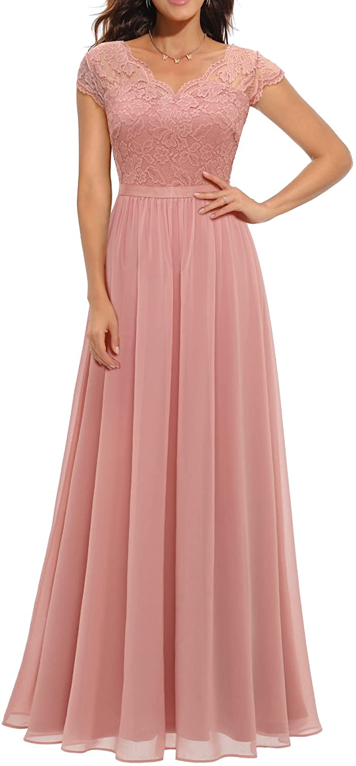 Women's Formal Floral Lace Maxi Dress Evening Party Elegant V-Neck Dresses for Wedding Guest