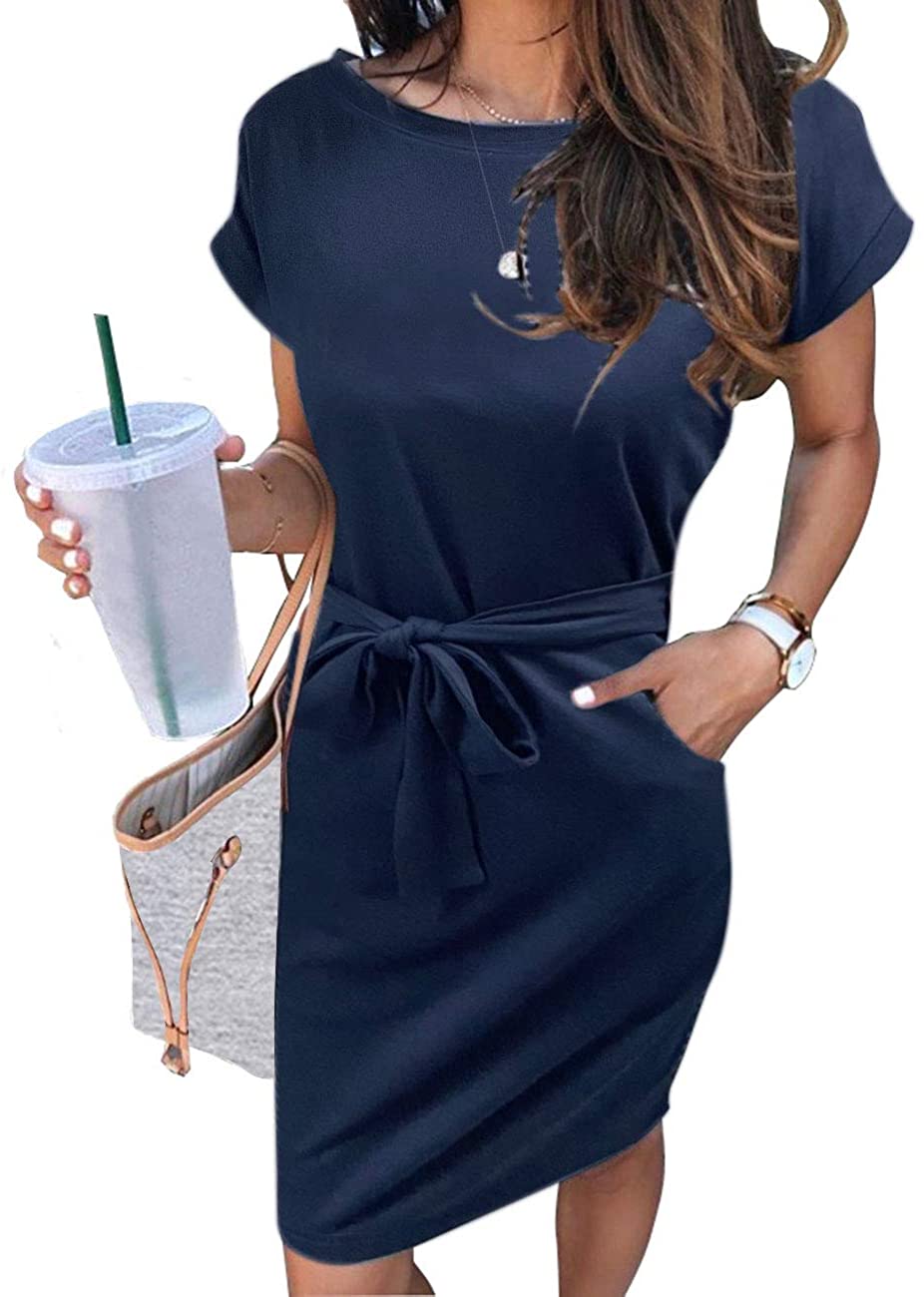 Women's Summer Striped Short Sleeve T Shirt Dress Casual Tie Waist Midi Dress