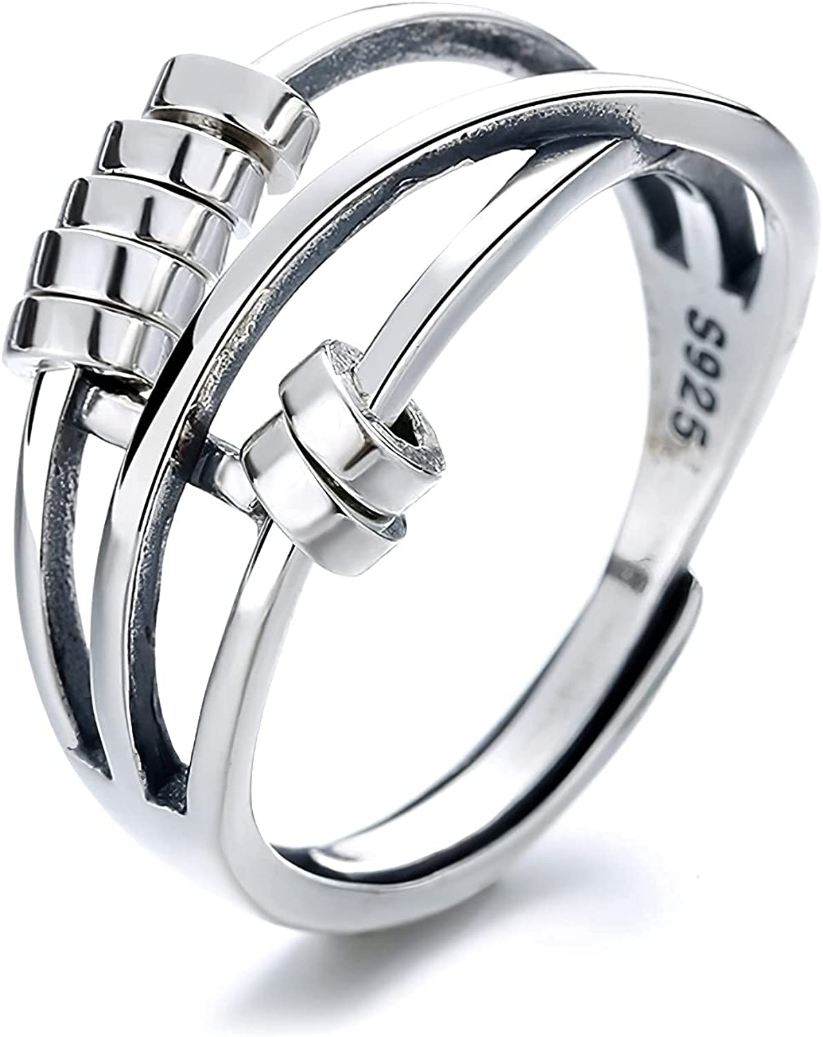Silver Anti Anxiety Rings For Women Men Fidget Spinner Band Unisex Adjustable Stacking Spinning Worry Ring