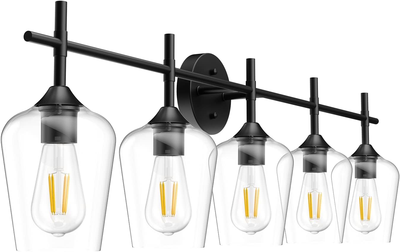 Ralbay Vintage Black Bathroom Vanity Light 5-Lights Industrial Matte Black Finish with Clear Glass Vanity Lights Farmhouse Bathroom Lighting fixtures