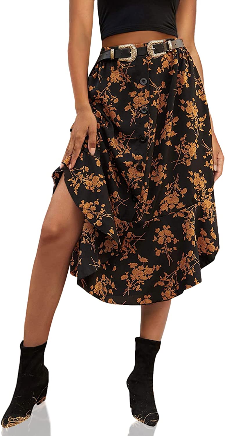 Women's Floral Print Button Front Ruffle Hem High Waist A Line Midi Skirts