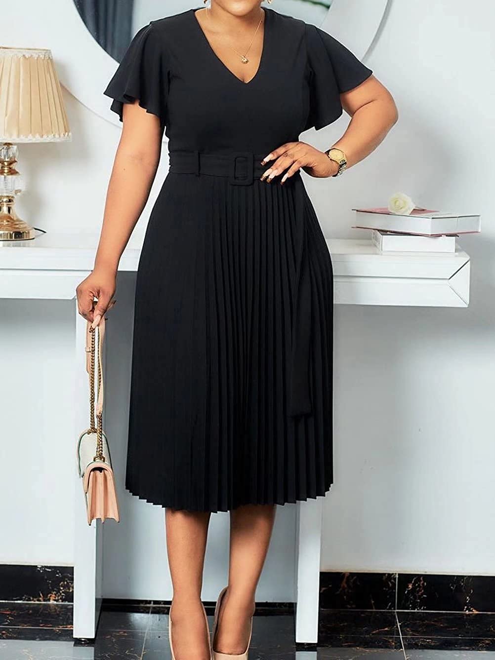 Women's Elegant Wear to Work Belted Pleated Flared Short Sleeve V Neck Casual Midi Dress for Cocktail Party