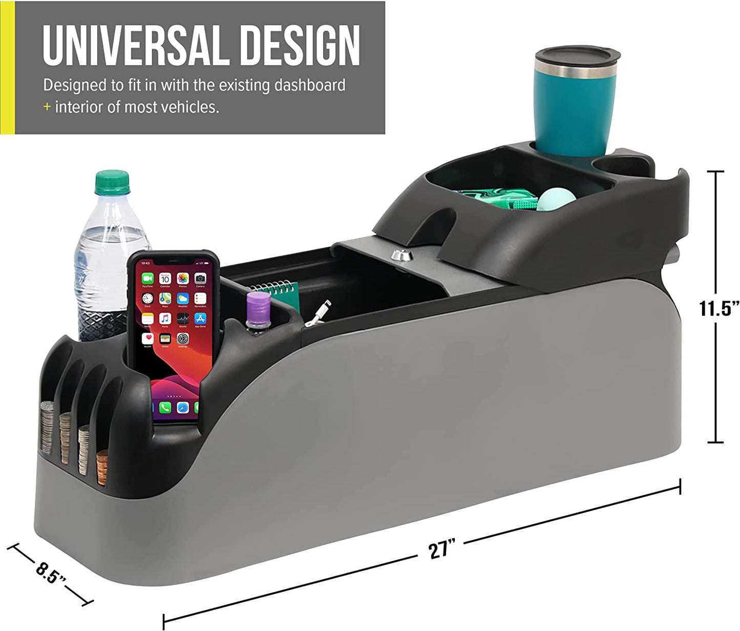 Center Console for Minivans, SUVs, Middle Van Console, Extra Cup Holders, Large Storage, Made in USA (Gray)