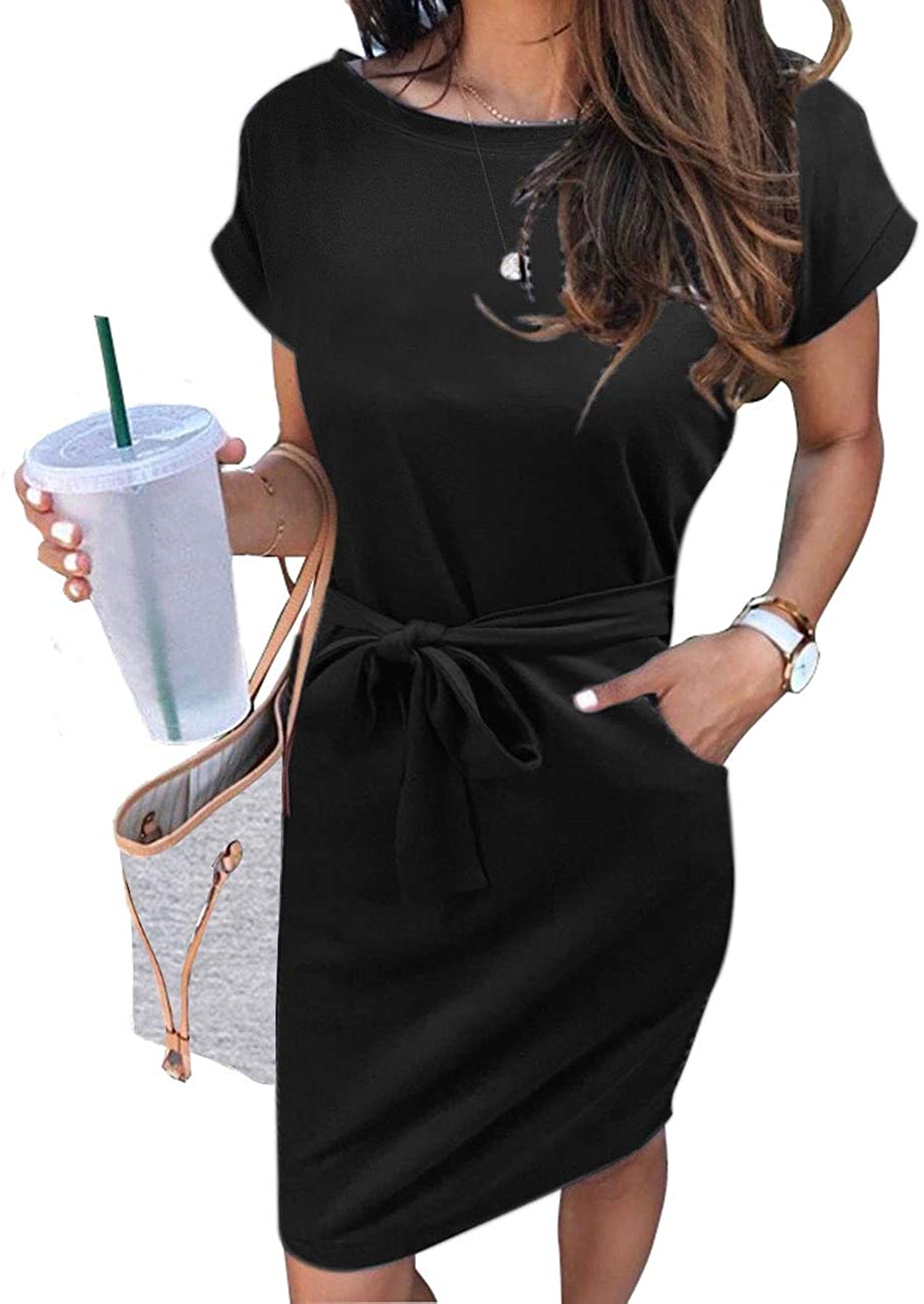 Women's Summer Striped Short Sleeve T Shirt Dress Casual Tie Waist Midi Dress