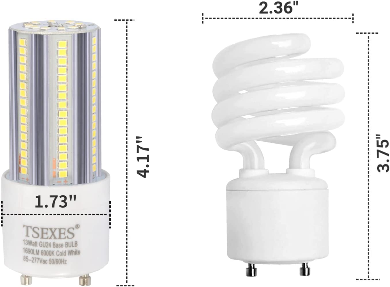 Upgrade Gu24 Light Bulb 13W,6000K Cold White, Replacement 23W 2 Prong T2 Spiral CFL Bulb/Compact Fluorescent,Pack of 2