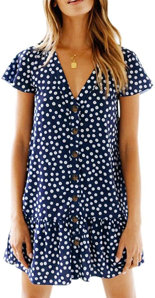 Womens Polka Dot V Neck Button Down Ruffles Loose Mini Short T-Shirt Dress