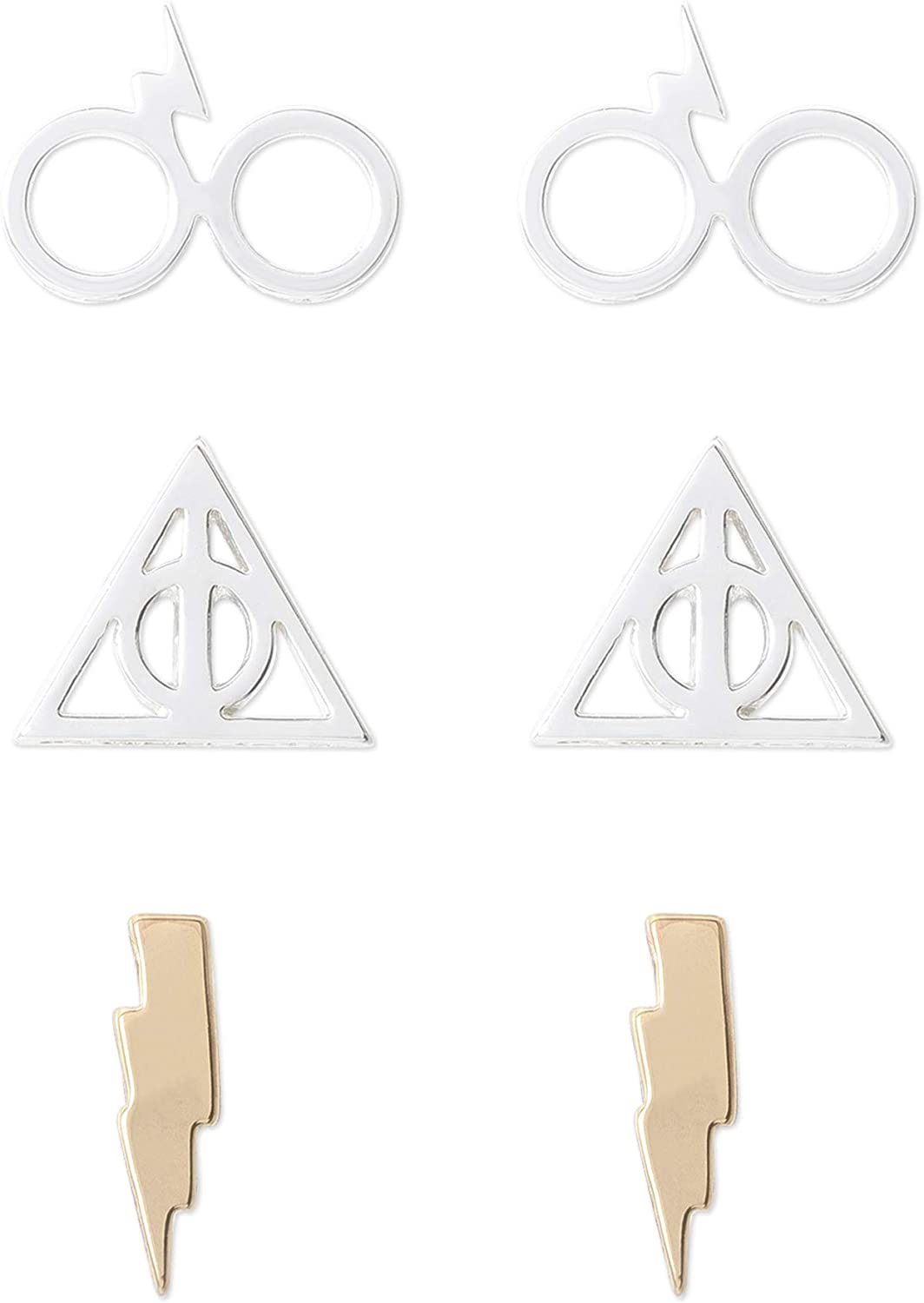 Harry Potter Jewelry, 3 Pair Earrings Sets, Gold Plated, Silver Plated Studs - Harry Potter Glasses, Deathly Hallows, and Lighting Scar; HP, Deathly Hallows, and Golden Snitch