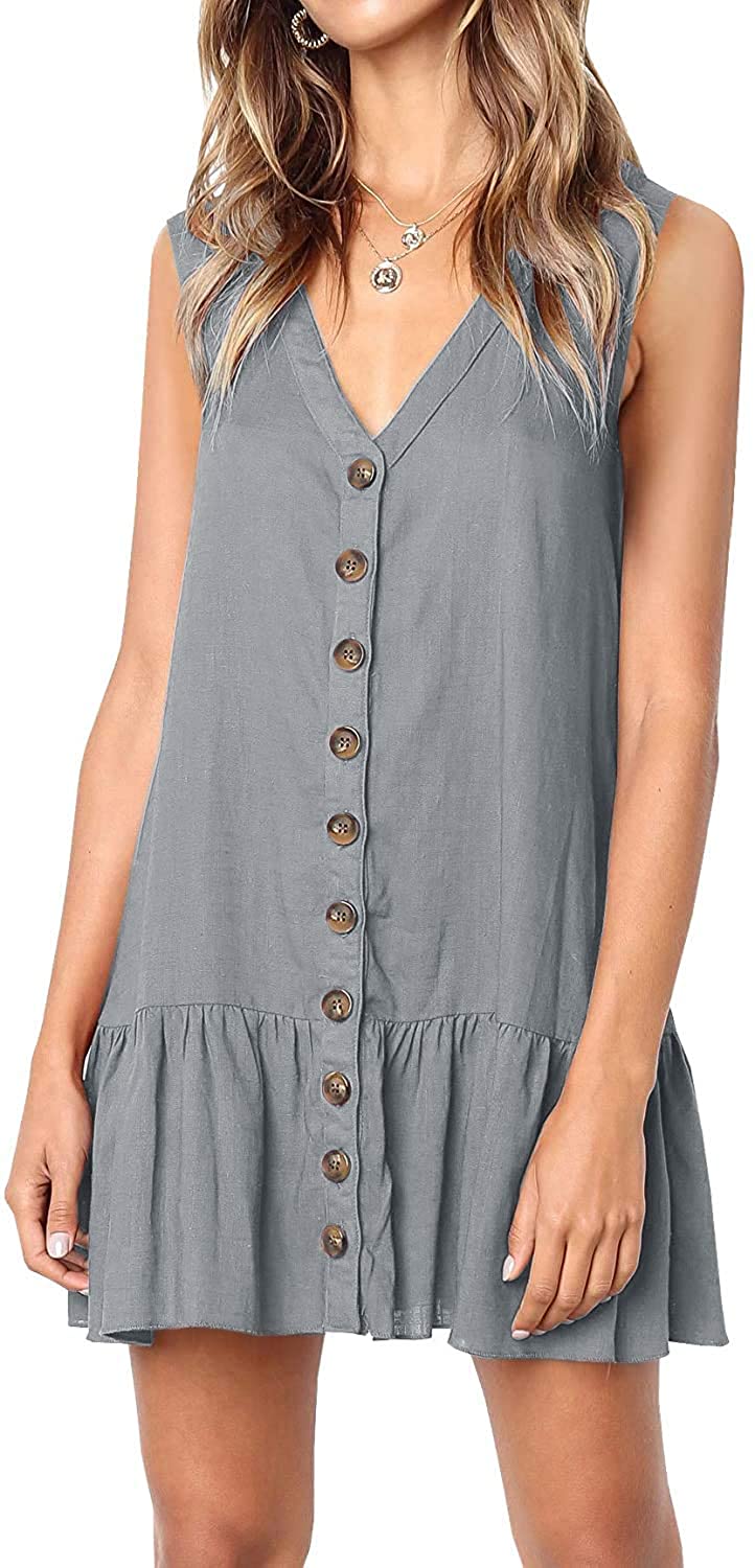 Womens Polka Dot V Neck Button Down Ruffles Loose Mini Short T-Shirt Dress