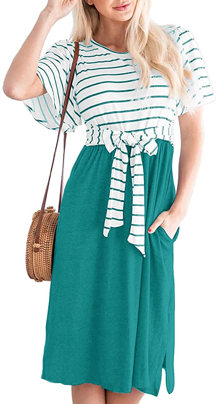 Women's Summer Striped Ruffle Sleeves Tie Waist Pockets Casual Swing Midi Dress
